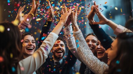 A group of joyful people celebrate together by high-fiving amid a colorful shower of confetti in a lively and festive atmosphere.