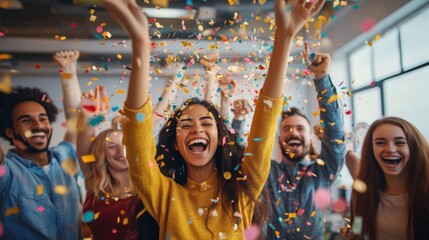 A joyful group of diverse people celebrating indoors with confetti falling, raising their hands and smiling in excitement.