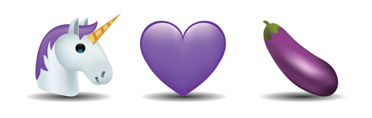 3 emoticons isolated on white background. Violet color heart, unicorn, eggplant vector emoji illustration. 3d illustration set.