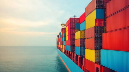 Obraz premium A cargo ship loaded with colorful shipping containers sails on calm ocean waters under a clear sky.