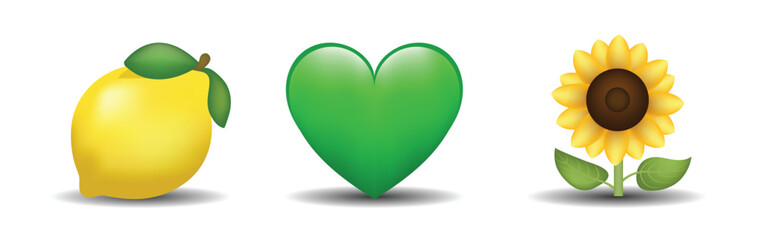 3 emoticons isolated on white background. Green color heart, lemon, sunflower vector emoji illustration. 3d illustration set.