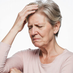 Portrait of Concern: A close-up portrait of an elderly woman showcases the poignant and visible emotional experience of anxiety and stress, with a hand touching her forehead.