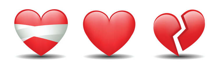 3 emoticons isolated on white background. Red color heart, bandaged and broken heart vector emoji illustration. 3d illustration set.