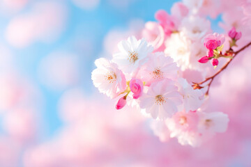 Delicate pink and white cherry blossoms on branch with soft bokeh lighting