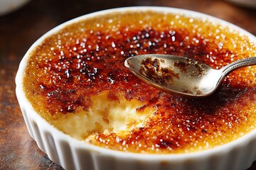 Crem? br?l?e dessert in a dish with golden caramelized topping, spoon taking scoop