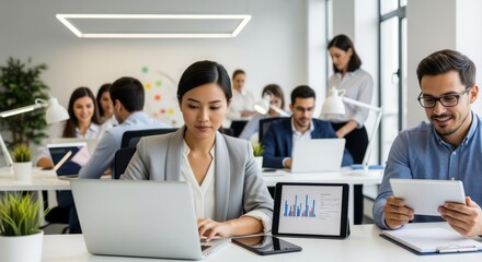 Professionals using laptops and tablets in bright minimalist technology firm office.