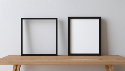 Two blank dark frames on a wooden table. Mockup for picture, poster or artwork display. Minimalist interior design concept.
