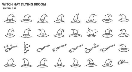 Fototapeta premium Collection of Witch Hats and Flying Brooms for Halloween and Fantasy Themed Designs
