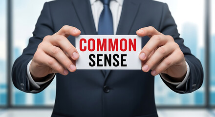 Businessman Holding Common Sense Card Red Text White Background