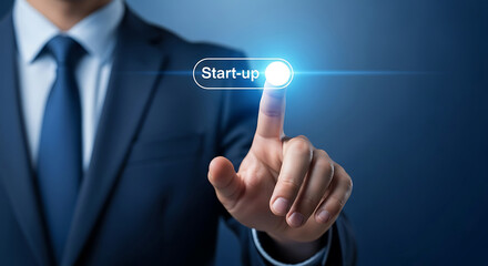 Businessman Pressing Start Up Button Blue Suit startup