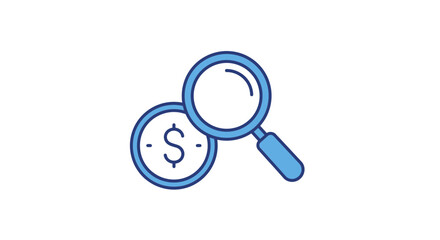 Financial analysis and business audit icon. Magnifying glass examining a dollar coin for investment research and budget review.
