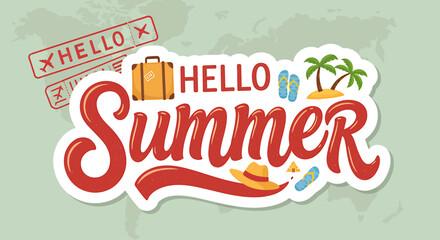 Summer vacation theme graphic with travel elements.