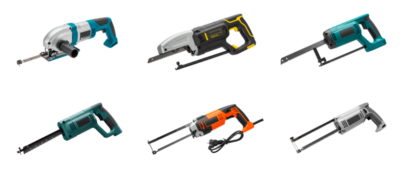 Set of six electric hacksaws - metalworking, woodworking and construction tools on transparent background.