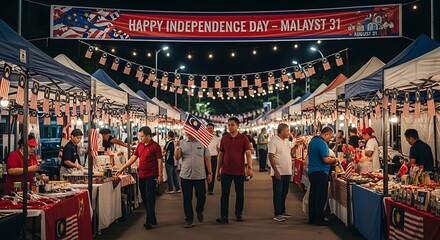 Celebrating Malaysia's Independence Day at a vibrant street market with flags