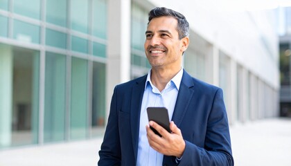 Happy mature business man executive using mobile cell phone corporate tech outdoors. Smiling handsome middle aged professional businessman holding cellphone looking away standing outside. Copy space