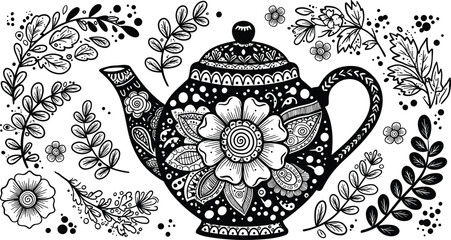 Vintage floral teapot illustration, black and white tea kettle design, decorative leaves and flowers, whimsical kitchen art, folk-style decor
