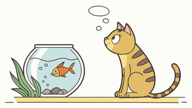 Cat pet watching goldfish in fishbowl aquarium tank cartoon vector illustration domestic animal feline friend
