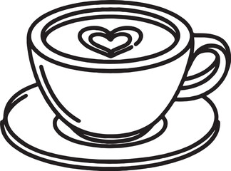 Black and white line drawing of a coffee cup with heart latte art on a saucer drink beverage style vector illustration EPS file download	