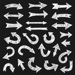 Collection of chalk-style arrows on black background. Hand-drawn vector set for infographics, directions, and creative layouts.