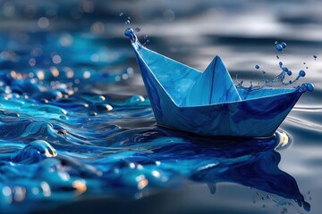 Paper boat floats on water while ripples create a splash in vibrant blue tones