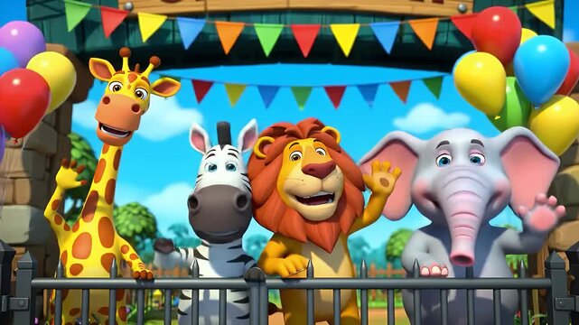 Happy cartoon zoo animals waving a welcome greeting with balloons