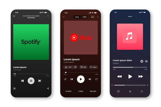 Music streaming app mockup with Spotify, YouTube Music, Apple Music interfaces showcasing playlists, album covers, playback controls, and sleek audio player design
