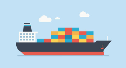 Large Cargo Ship Loaded with Colorful Containers Sailing on a Calm Blue Sea with Clouds