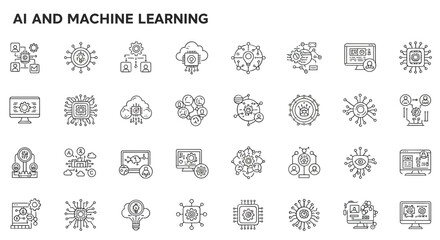 Obraz premium Artificial intelligence and machine learning technology icon set. Outline symbols for deep learning, data science, and automation.