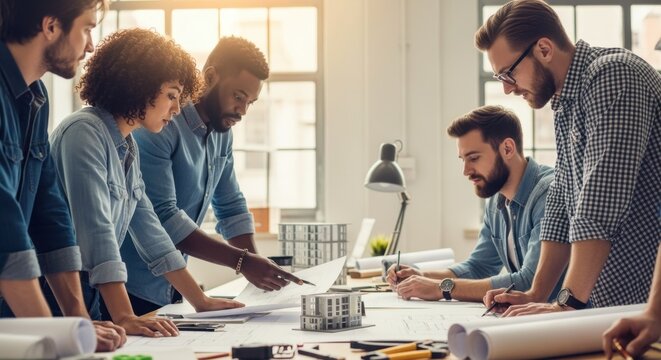 Collaborative meeting with engineers examining building designs