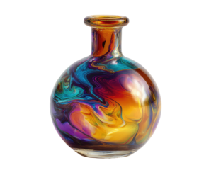 Colorful, swirling glass bottle.  Intensely vibrant, abstract design.  Amber top,  round shape,  liquid swirls
