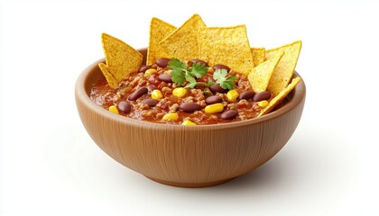 Hearty Chili Con Carne Served In A Bowl With Crispy Tortilla Chips On A Wooden Table - Comfort Food Classic.