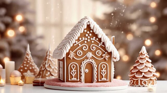 A cozy gingerbread house stands decorated with white icing and surrounded by small gingerbread trees and warm fairy lights, evoking a festive winter holiday atmosphere.