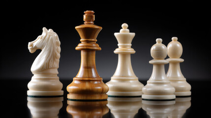 High contrast chess pieces illuminated by soft light on dark velvet background 