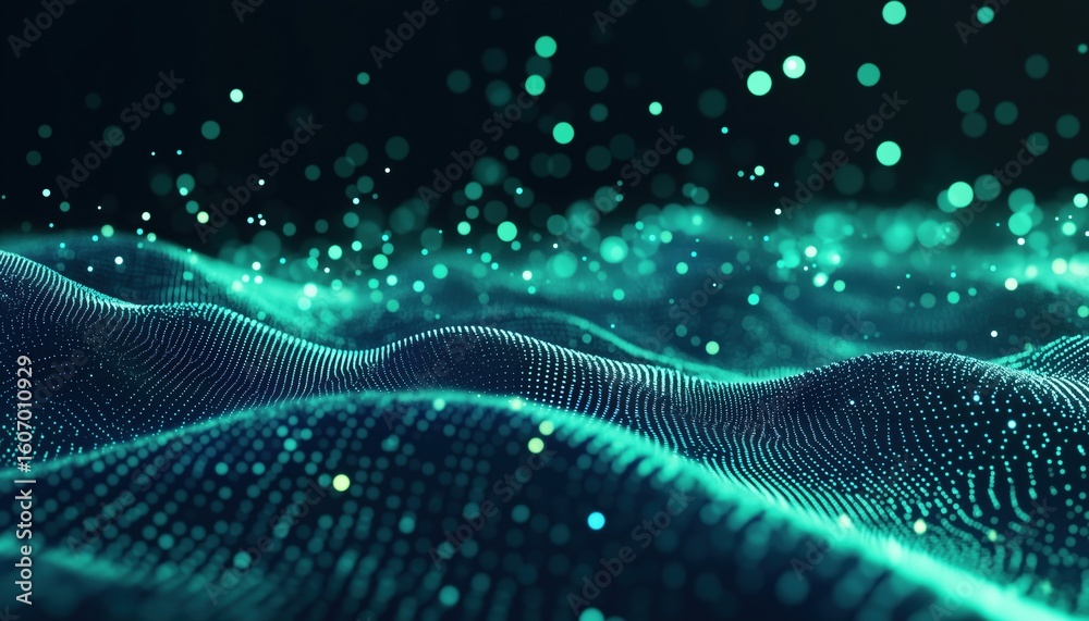 Poster blue green light illuminating abstract technology wavy dot particles pattern and binary code in digi