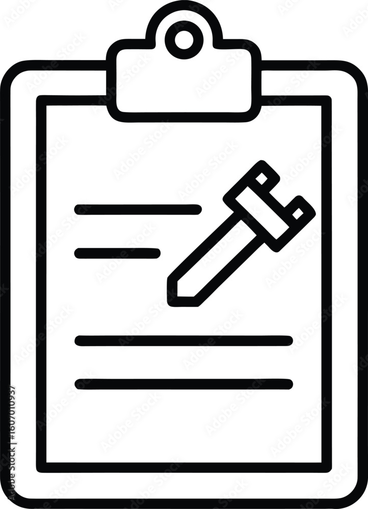 Poster clean line art icon of a clipboard with checkmarks and tools isolated on transparent background