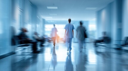 A blurred view of healthcare professionals walking through a hospital corridor, symbolizing urgency and care.
