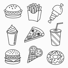 Fast Food Icons Set – Flat, Outline & Colorful Icons of Burgers, Pizza, Fries, Soda, Hot Dogs, Donuts & More for Restaurants, Menus, Delivery Apps, Cafes, Food Trucks & Snack Branding
