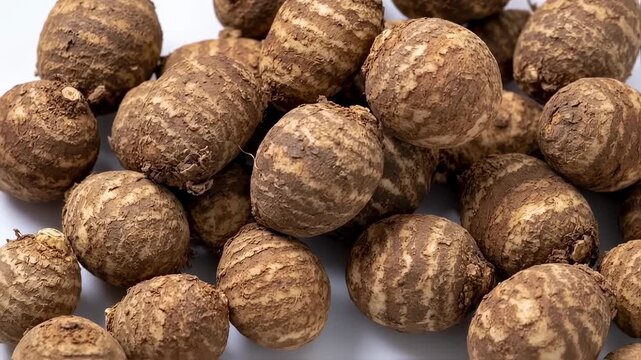 Close-up of many brown, striped root vegetables