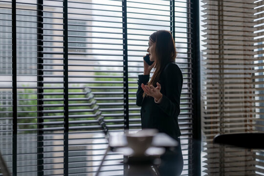 Businesswoman talking on phone in modern office with blinds