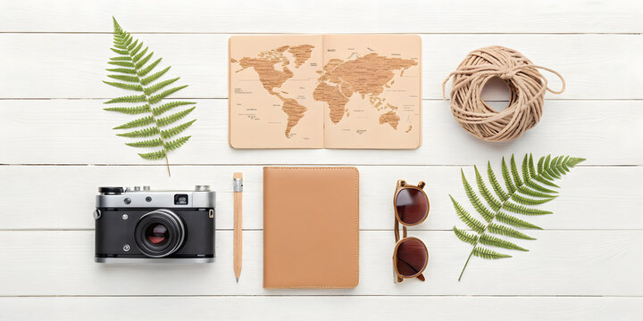 Flat lay travel essentials with camera passport and sunglasses