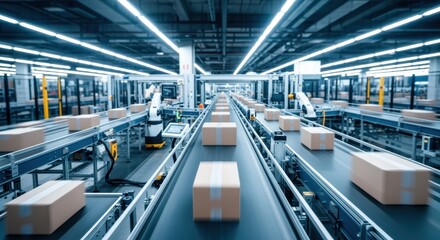 Obraz premium Industrial warehouse with advanced robotics organizing shipments on fastmoving conveyor belts.
