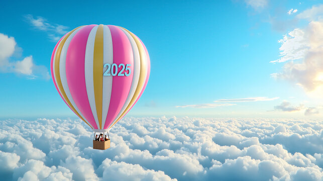 Vision for 2025 with a colorful hot air balloon soaring above clouds towards the future.
