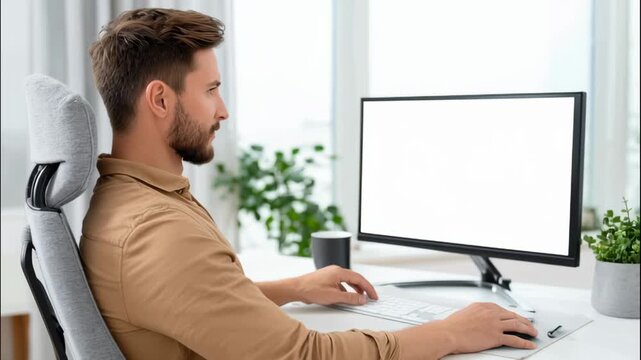 Casual Man Working at Home Office Desk with Beard and Computer in Bright Environment