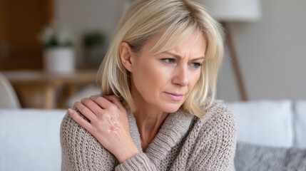 Middle-aged woman experiencing allergic reaction, scratching irritated skin from insect bites and eczema 