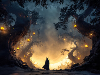 Enchanted forest illuminated by lanterns with a mysterious figure overlooking a glowing land
