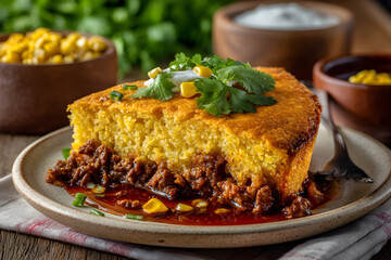 Homemade  Savory chili cornbread casserole slice with fresh toppings, comforting meal