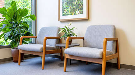 A calm and professional waiting room with modern furniture and indoor plants by a window