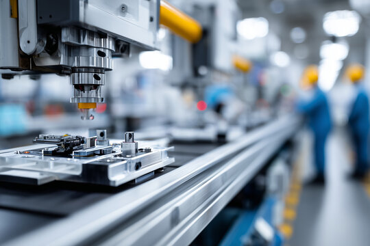 A high-quality photo of a modern manufacturing assembly line, showcasing precision components being assembled or tested. The image should feature advanced machinery, clean lines, a