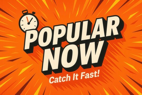 Bold text reading "Popular Now" with a stopwatch, set against a dynamic orange background with speed lines, emphasizing urgency and trendiness.