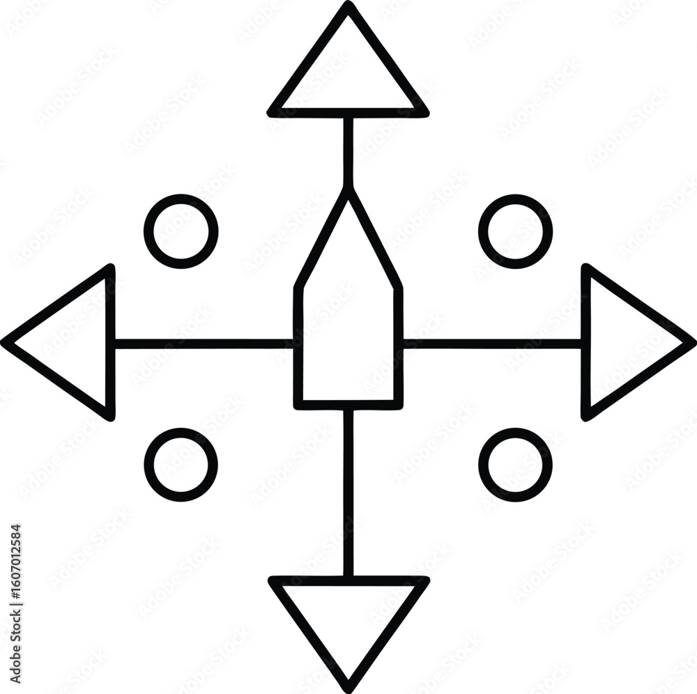 Poster clean line art app icon with directional arrows and point of interest marker isolated on transparent